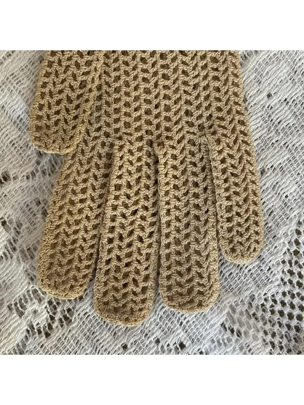 Vintage Crochet Gloves Tan Cotton Mesh Snap Wrist Boho Retro